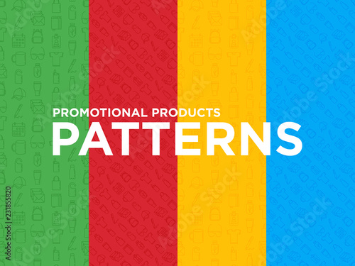 Four different Promotional products seamless patterns with thin line icons: notebook, tote bag, sunglasses, t-shirt, water bottle, pen, backpack, hat, travel mug, usb, lighter. Vector illustration