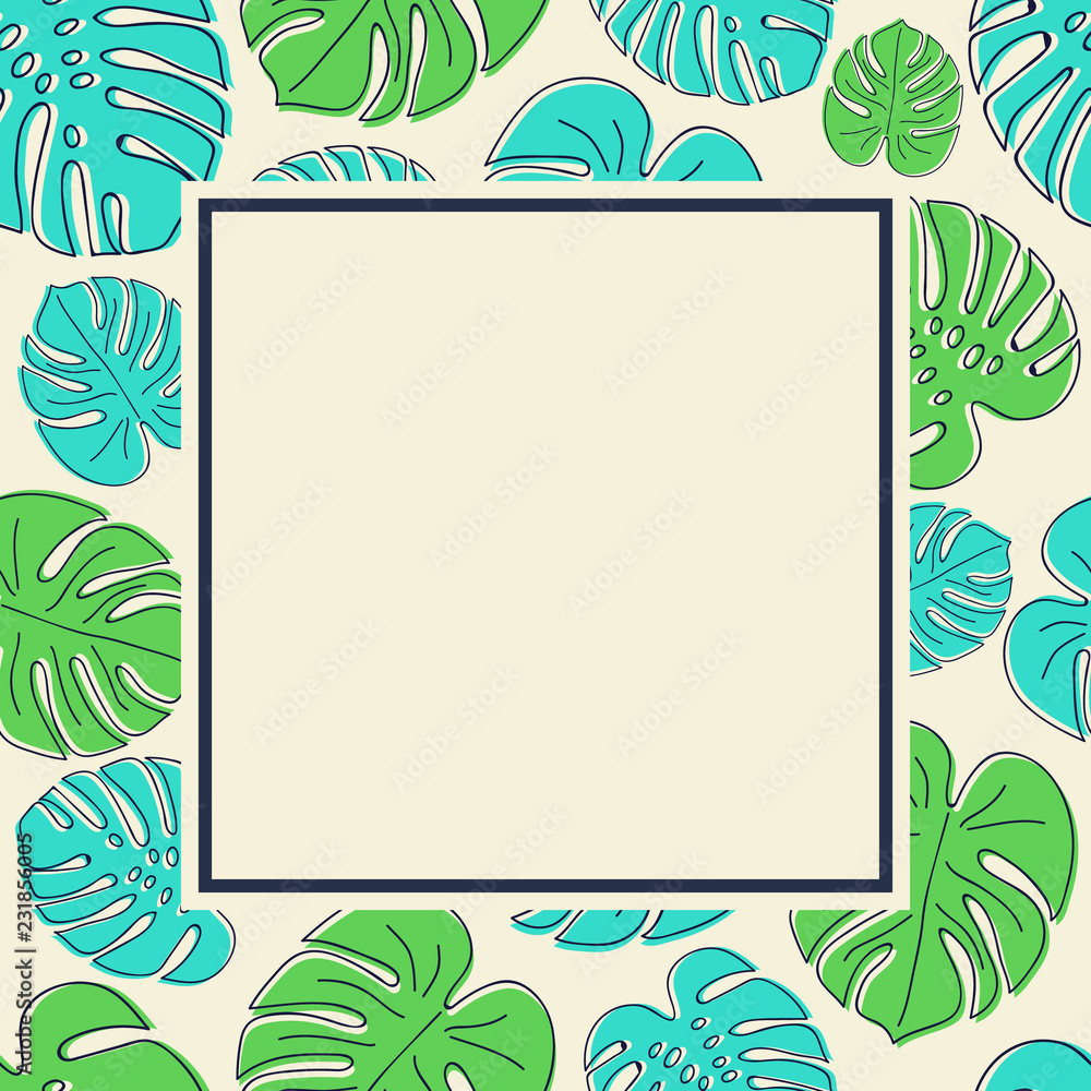 Obraz premium Layout of a card with copyspace and hand drawn tropical leaves in retro style. Vector.