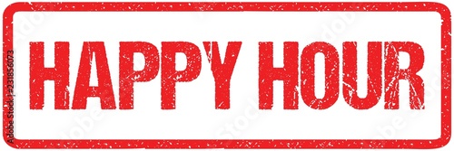 Happy Hour Red Seal Seal Rough Letters Isolated on White. Red Ink Grunge Rubber Stamp Imitation Effect.