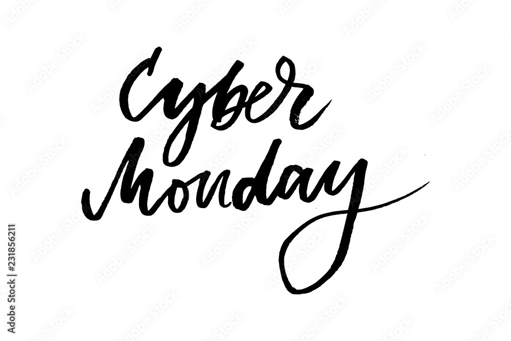 Vector illustration of Cyber Monday text for card banner. Handwritten calligraphy Cyber monday tag badge template. Lettering typography illustration Vector illustration of Cyber Monday text for card banner. Handwritten calligraphy Cyber monday tag badge template. Lettering typography illustration