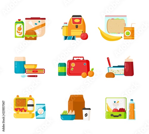 Collection of lunch boxes for kids isolated on white background. Bundle of containers for children's breakfast food or healthy meals storage. Colorful vector illustration in flat cartoon style.