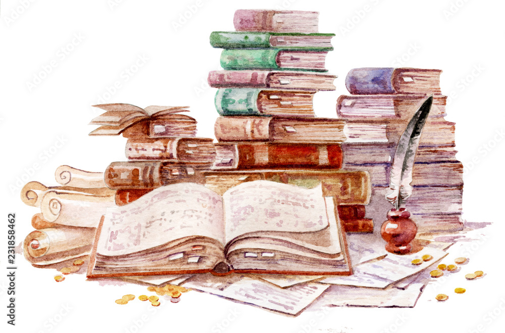 Old books, watercolor illustration, stacks of books and scrolls. Manuscripts and scrolls. Book volumes and scrolls. - obrazy, fototapety, plakaty 