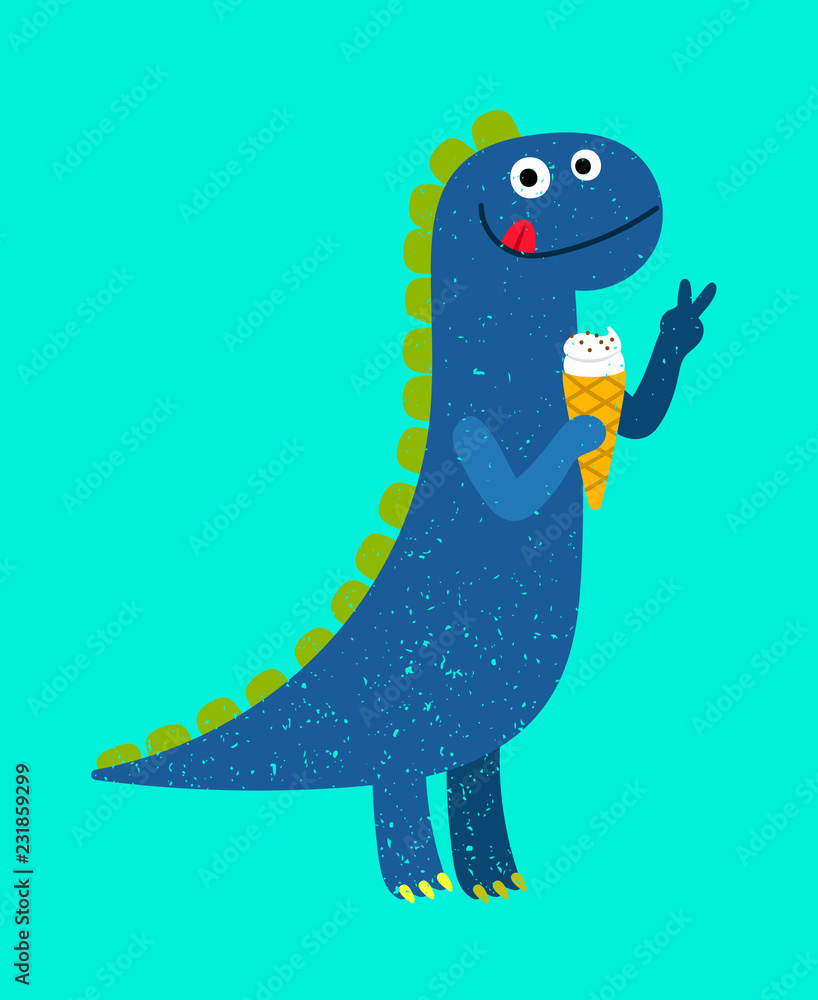 Fototapeta Szczęśliwej kreskówki błękitny Dino z lody, wektorowa ilustracja