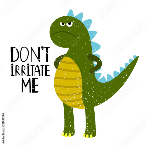 Grumpy dino T-shirt design for kids with lettering, vector illustration