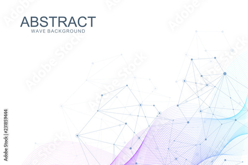 Abstract plexus background with connected lines and dots. Wave flow. Plexus geometric effect Big data with compounds. Lines plexus, minimal array. Digital data visualization. Vector illustration
