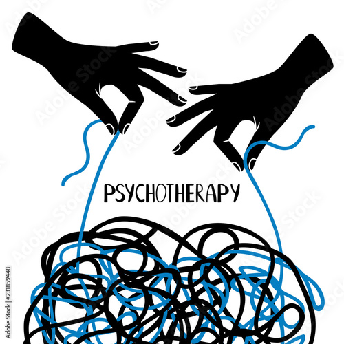 Psychotherapy illustration with hands and tangled thread, vector illustration