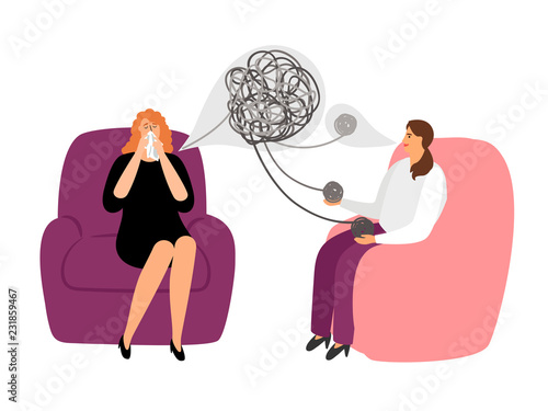 Psychotherapy concept illustration with female patient and doctor, vector illustration