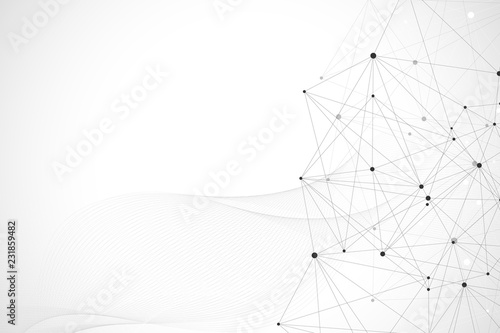 Abstract plexus background with connected lines and dots. Wave flow. Plexus geometric effect Big data with compounds. Lines plexus, minimal array. Digital data visualization. Vector illustration