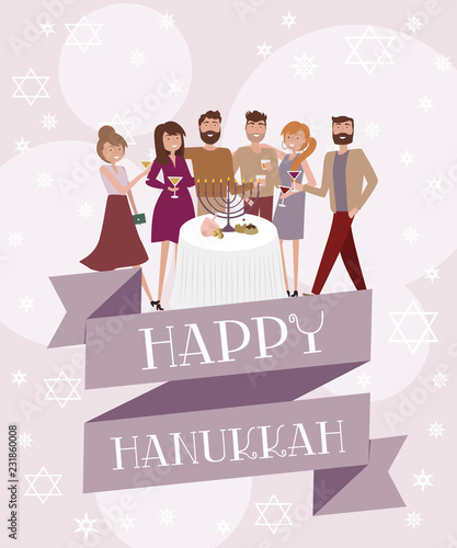 Happy Hanukkah greeting or invitation poster with group of people celebrating at the table. Editable vector illustration