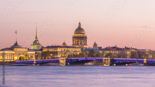 Saint Isaac Cathedral across Neva river at evening, St Petersburg, Saint Petersburg, Russia.