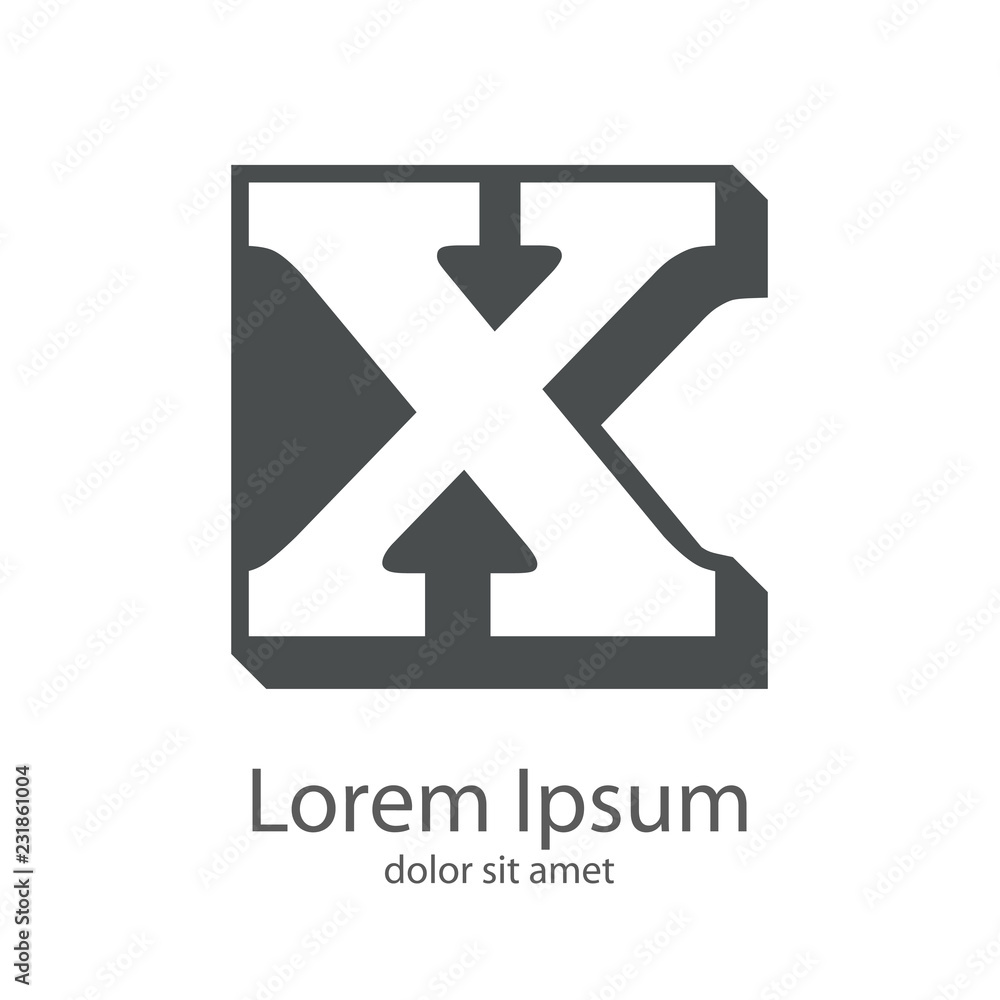 Logotipo con letra X en espacio negativo sobre fondo tridimensional en color gris Logotipo con letra X en espacio negativo sobre fondo tridimensional en color gris