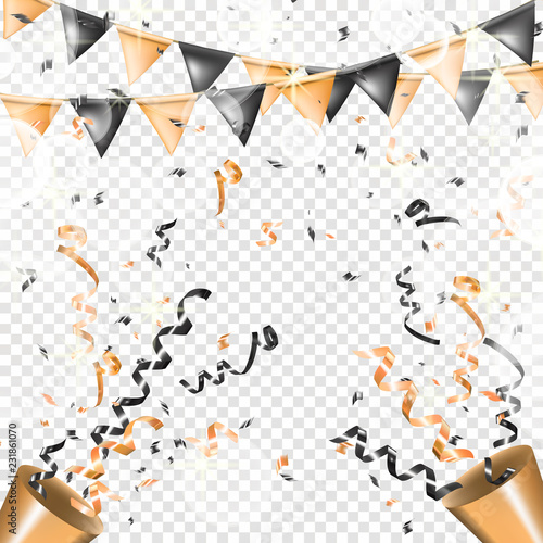 Two exploding gold party popper with serpentine and flag garland. Shine ribbon and confetti, glitter, stars, streamer. Holiday design.