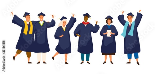 Group of happy graduated students wearing academic dress, gown or robe and graduation cap and holding diploma. Boys and girls celebrating university graduation. Flat cartoon vector illustration.
