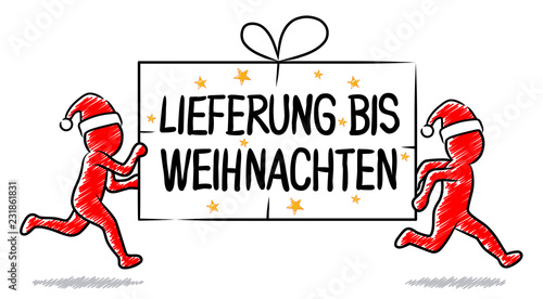 Lieferung bis Weihnachten: Laufende rote Männchen mit Weihnachtsmützen bringen Geschenkpaket pünktlich – Schraffierte Vektor-Zeichnung