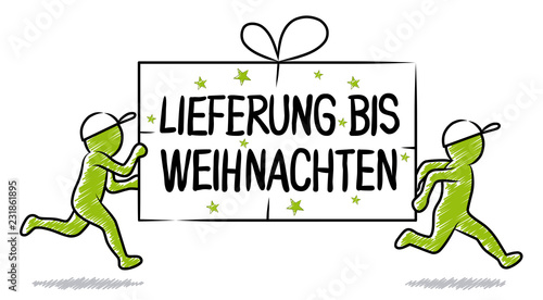 Lieferung bis Weihnachten: Laufende grüne Strichmännchen bringen Weihnachtspaket pünktlich – Schraffierte Vektor-Zeichnung