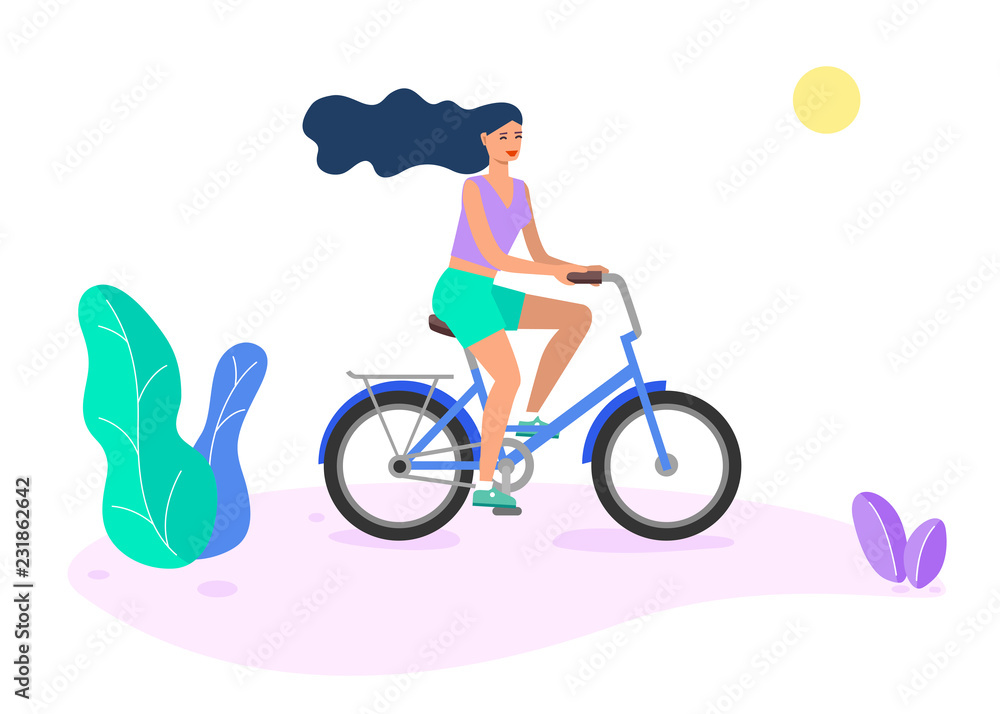 Flat girl riding a bicycle. Poster with cyclist riding bicycle. Cycling poses in trend colors. Bicycle road racers. Flat girl riding a bicycle. Poster with cyclist riding bicycle. Cycling poses in trend colors. Bicycle road racers.
