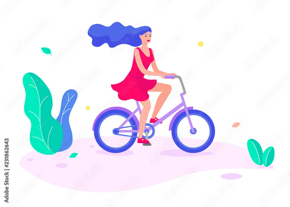 Flat girl riding a bicycle. Poster with cyclist riding bicycle. Cycling poses in trend colors. Bicycle road racers. 