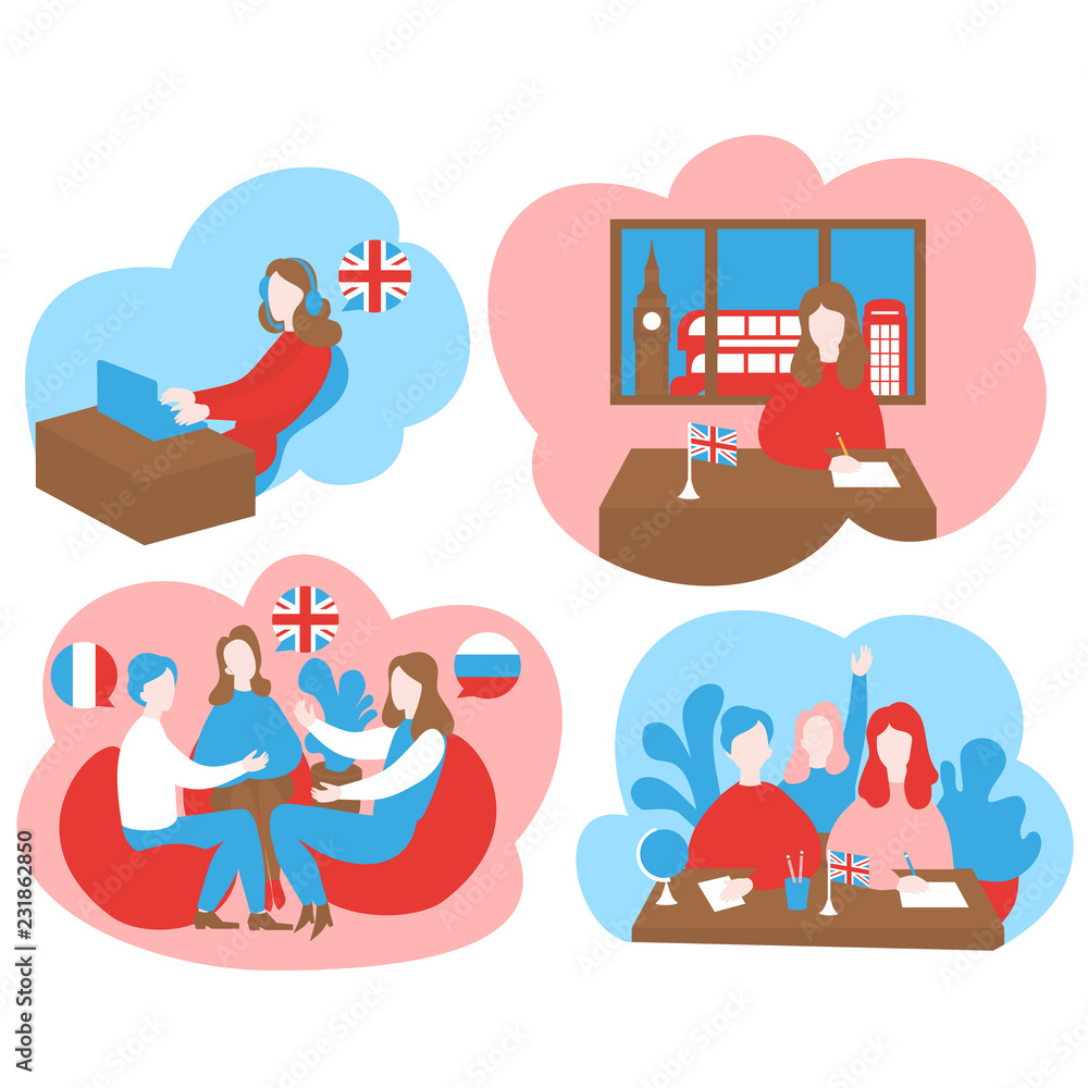 Flat speaking club, discussion class, audiopodcast and online education.  Cartoon students learn English, French and Russian in school, learning  foreign abroad in London, travel languages course Stock Vector | Adobe Stock