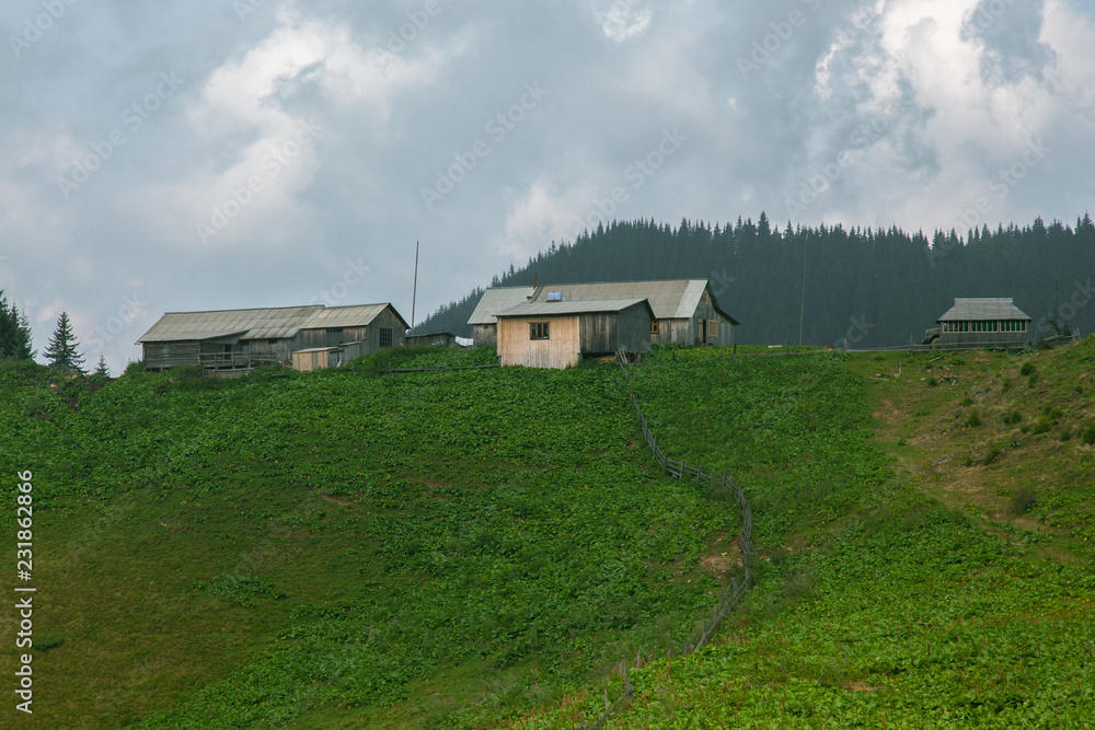 Obraz premium Wooden hut in the Carpathian Mountains