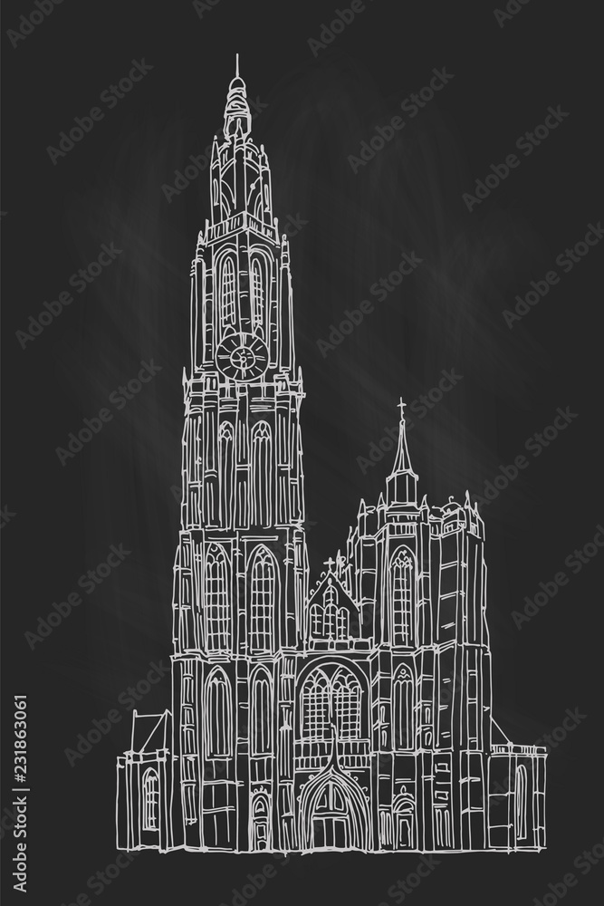 Vector sketch of Cathedral of Our Lady, Antwerp, Belgium