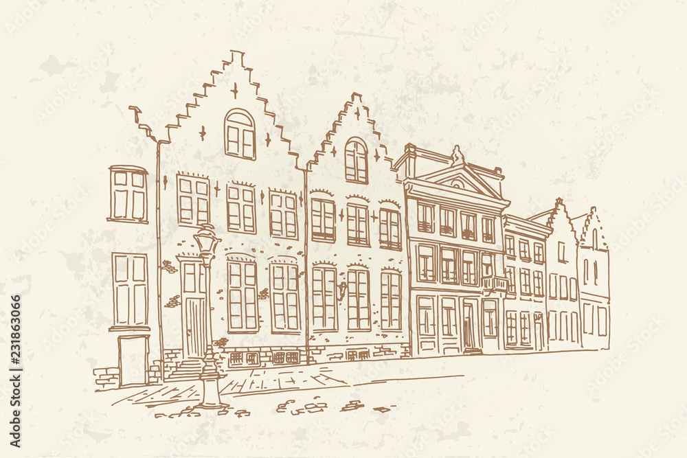 Vector sketch of Traditional architecture in the town of Bruges (Brugge), Belgium. Artistic retro style.