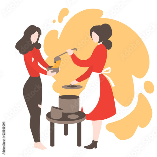 Cartoon female volunteer feeding poor homeless. Flat woman giving food to beggar. Charity, Voluntary altruistic activity. Donation and volunteering