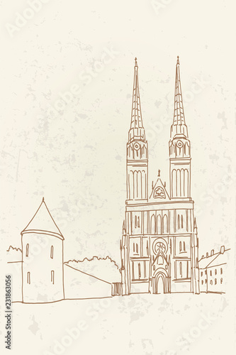 Vector sketch of Cathedral in Zagreb  Croatia