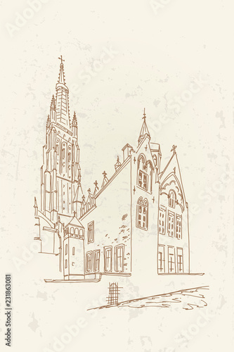 Vector sketch of Church of Our Lady  Onze Lieve Vrouw Brugge  Belgium.