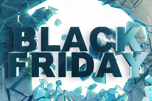 Black Friday, sale message for shop. Business shopping store banner for Black Friday. Black Friday crushing ground. 3D Neon text breaking through ice wall. 3D illustration