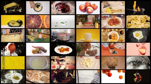 A maxi screen made of many small photos, the theme is food: fruit, vegetables, meat, fish, baking, cooking, preparing, eating, coffee, dinner's end.