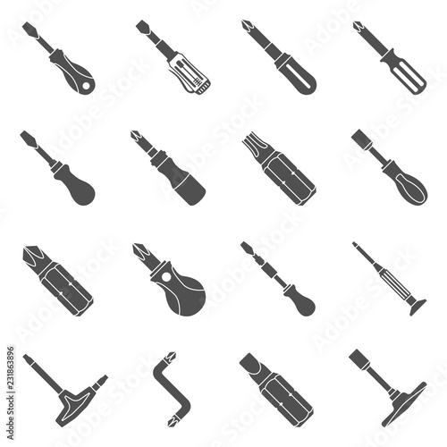 Black Icons - Sixteen different types of screwdrivers