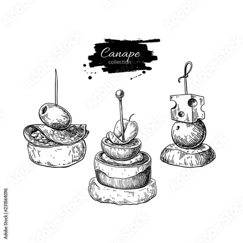 Canape vector drawings. Food appetizer and snack sketch. Finer f