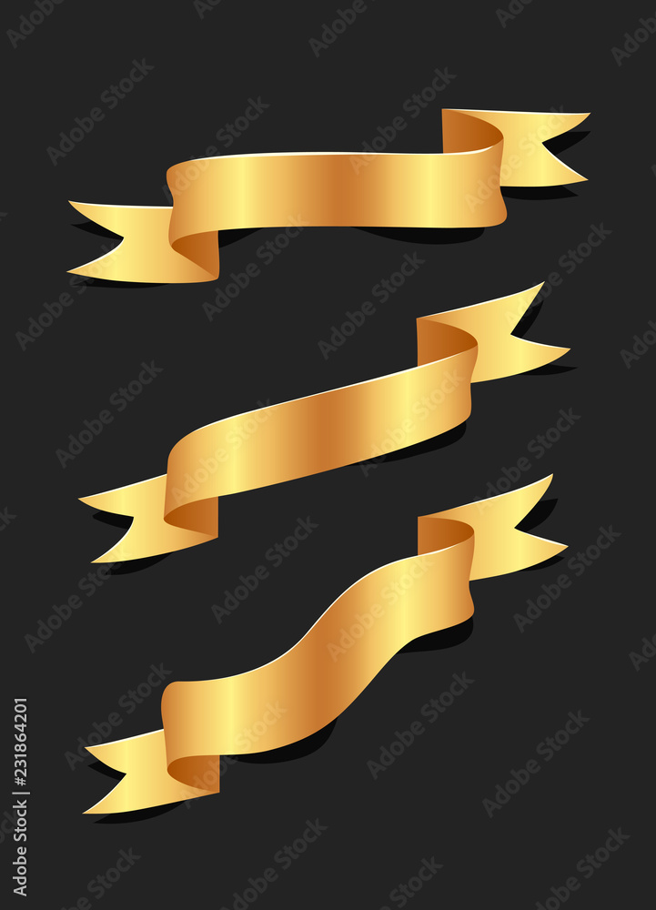 Hand drawn gold satin ribbons on blacke background isolated. Flat objects for your design. Vector art illustration