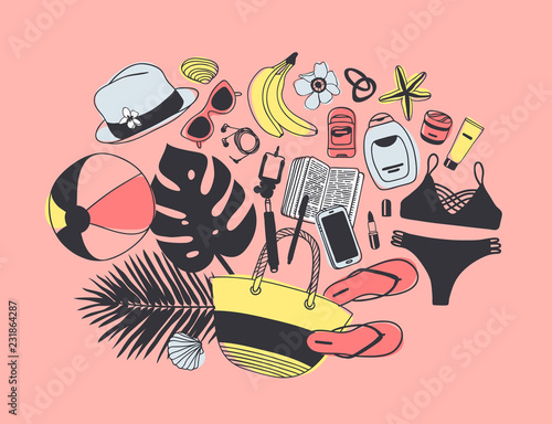 Hand drawn Fashion Illustration What is in my bag. Vector picture casual objects on pink background. Artistic doddle drawing. Creative ink art work