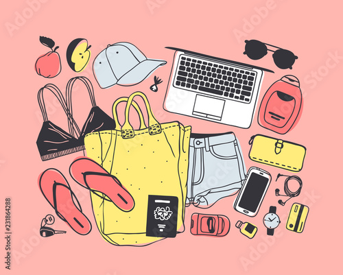 Hand drawn Fashion Illustration What is in my bag. Vector picture casual objects on pink background. Artistic doddle drawing. Creative ink art work