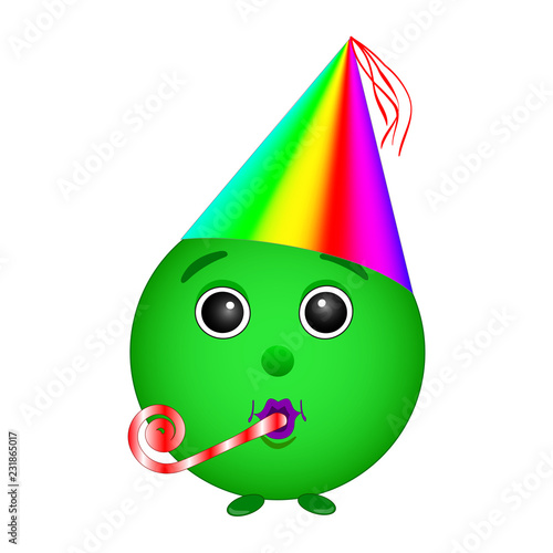A party hat. Green smiley face .Pipe for the holiday. isolated, white. Vector.