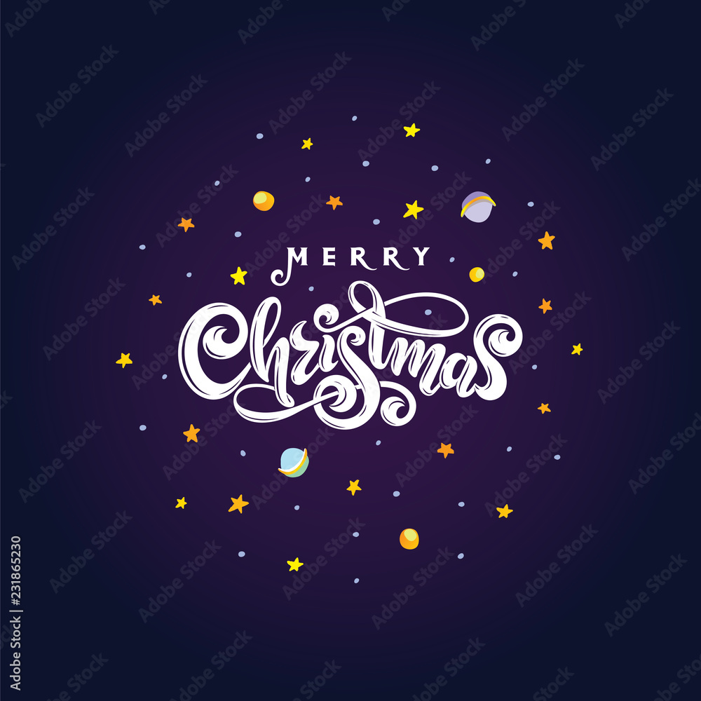 Vector text Merry Christmas isolated in night cosmic round ball shape. Handwritten festive lettering gift greeting card