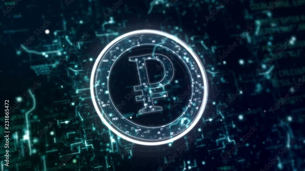 Motion graphic background with neon sign of Russian ruble with matrix style numbers turning on dark circuit background in digital space Motion graphic background with neon sign of Russian ruble with matrix style numbers turning on dark circuit background in digital space
