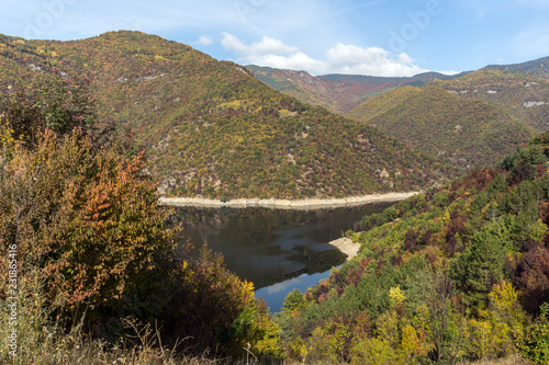 Panoramic Autumn ladscape of The Vacha (Antonivanovtsi) Reservoir, Rhodope Mountains, Plovdiv Region, Bulgaria