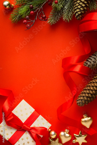 Christmas tree, Christmas gift and holidays ornament; Christmas invitation card background