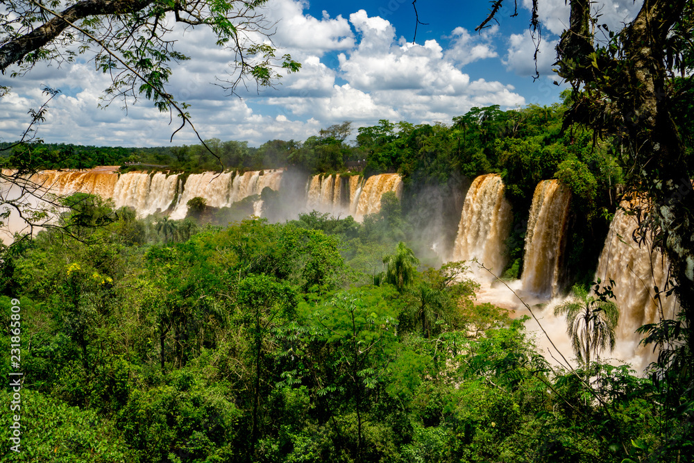 View of Iguazu Falls amidst lush jungle in Parque Nacional Iguazú in north eastern Argentina