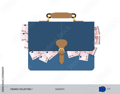 Leather briefcase with 10 Euro Banknotes. Flat style vector illustration. Salary payout or corruption concept.