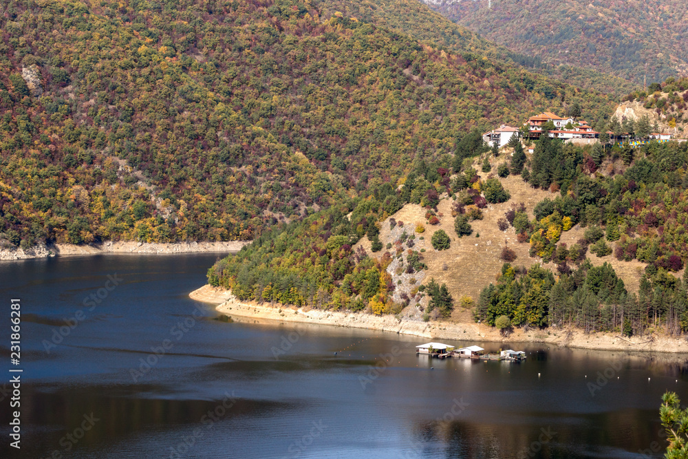 Panoramic Autumn ladscape of The Vacha (Antonivanovtsi) Reservoir, Rhodope Mountains, Plovdiv Region, Bulgaria
