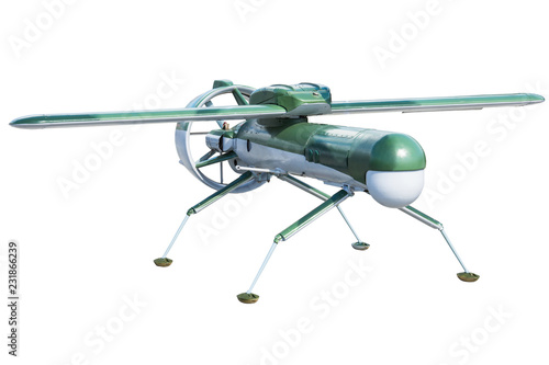 Unmanned military aircraft drone on four legs isolated on white background.