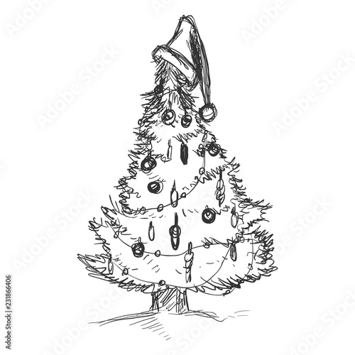 Vector Dirty Sketch Illustration - Christmas Tree with Decorations