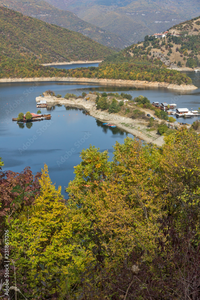 Panoramic Autumn ladscape of The Vacha (Antonivanovtsi) Reservoir, Rhodope Mountains, Plovdiv Region, Bulgaria
