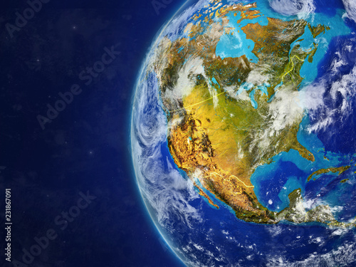 North America from space on model of planet Earth with country borders and very detailed planet surface and clouds.