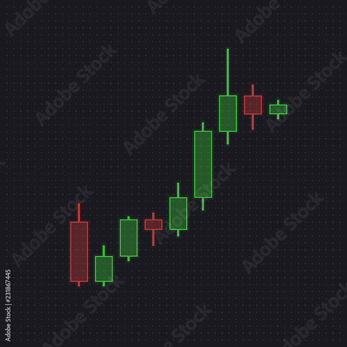 Trade Red and Green Candlesticks Isolated on Dark Transparent Background. Forex Trading, Stock Chart with Bull Trend. Candles Pattern. Vector Illustration.