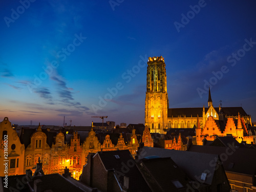 Panorama of the illuminated medieval town of Mechelen and the St. Rumbold's Cathedral in the early evening, Belgium photo