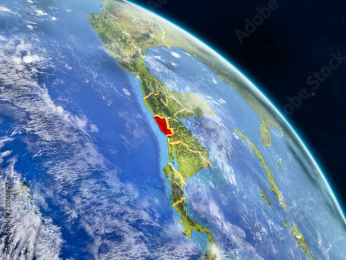 El Salvador from space on realistic model of planet Earth with country borders and detailed planet surface and clouds.